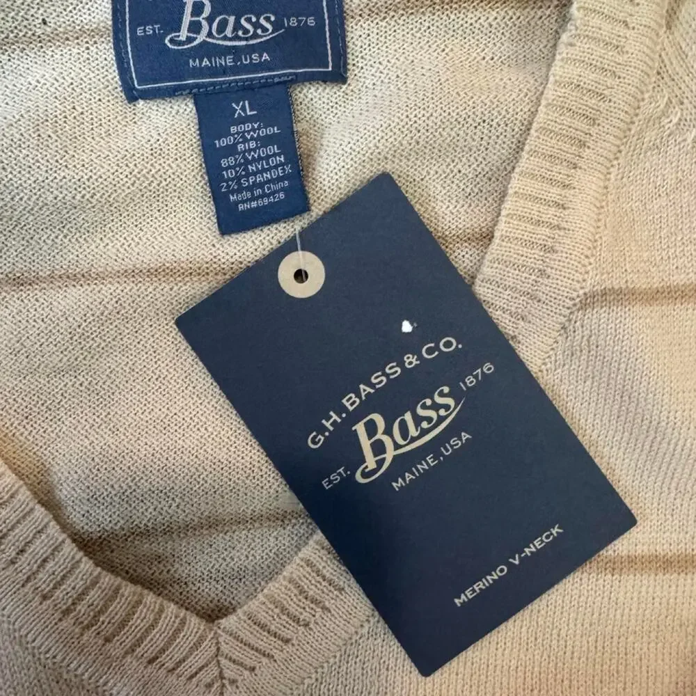 G.H. Bass & Co Merino Wool V-Neck Sweater XL NWT Beige Striped 100% Merino Wool